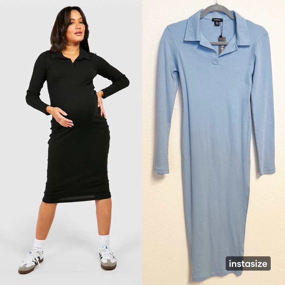 Boohoo Pale Blue Maternity Collared Long Sleeves Midi Dress Size 4 US NWT